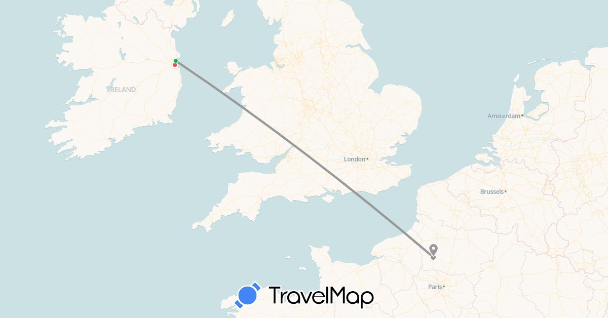 TravelMap itinerary: bus, plane, hiking in France, Ireland (Europe)